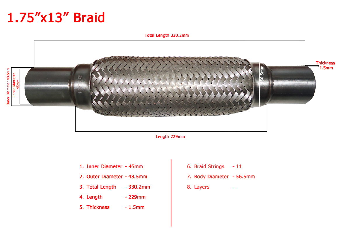 Exhaust Pipe, WPR, 1.75 Inch x13 Inch (With Inner Braid, Three Layer  (003326)