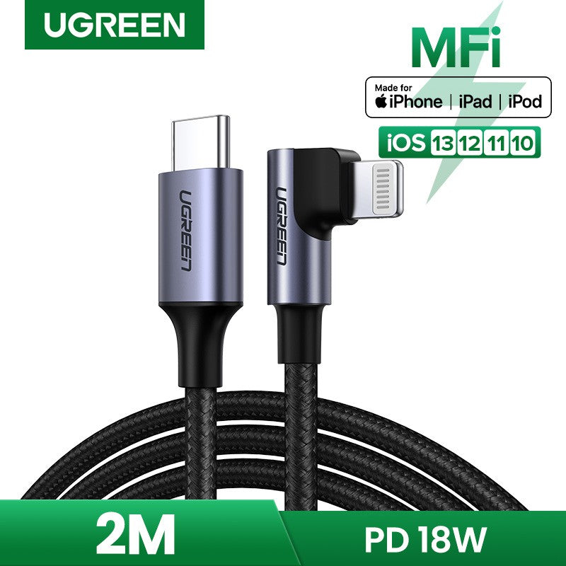 UGREEN 90 องศามุมขวา MFI USB-C TO Lightning CABLE NYLON Braided Fast Power Delivery CABLE สำหรับ iPhone 14 /13/12