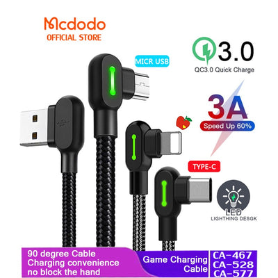 Mcdodo 90° Elbow Game Charging Cable Data Cable 3A Fast Charging Compatible with IP /Micro USB/Type-C Android mobile Phone