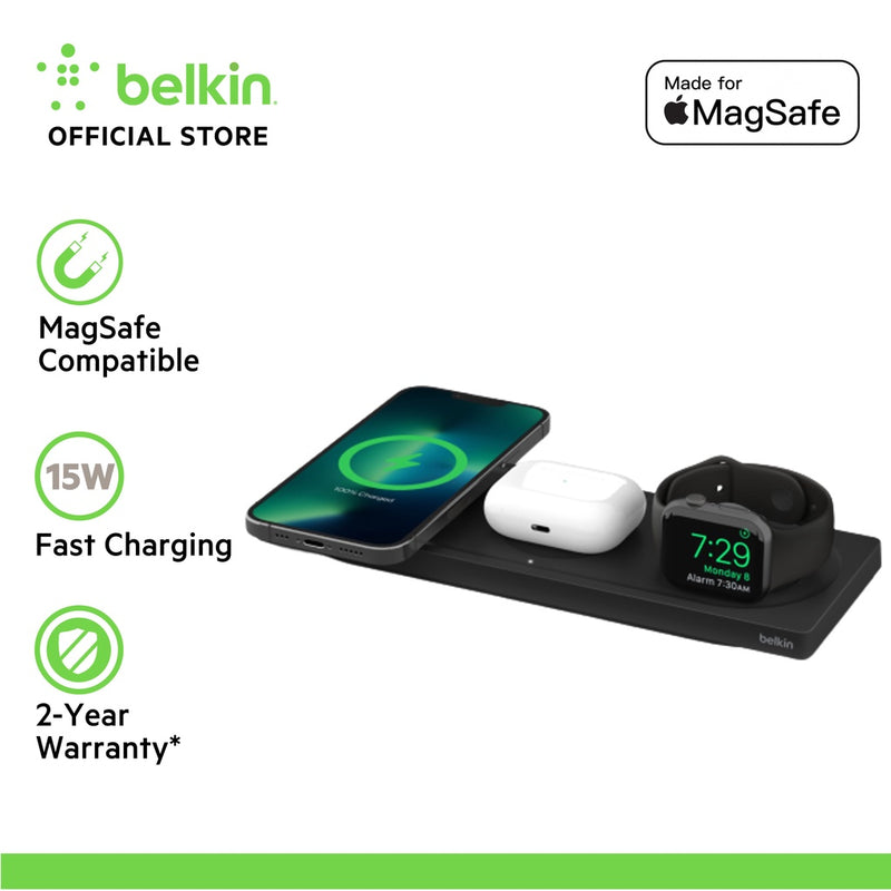 Belkin WIZ016my BoostCharge PRO 3-in-1 Wireless Charging Pad with MagSafe and Power Adapter