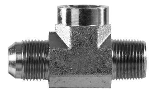 2611-12-12-12 - ข้อต่อสามทางบริการ, 3/4" JIC (1 1/16"-12 เธรด) x 3/4" NPTF ตัวผู้ x 3/4" NPTF ข้อต่อไฮดรอลิกตัวเมีย (080667)