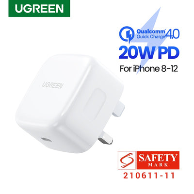 UGREEN ပါဝါပေးပို့မှု 20W PD 3.0 အမြန်အားသွင်းစနစ် အမြန်အားသွင်းစနစ် iPhone 14/13/12/Huawei အတွက် တွဲဖက်အသုံးပြုနိုင်သော အမြန်အားသွင်းစနစ်