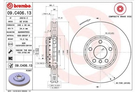 จานโรเตอร์, BREMBO, 34 11 6 785 670, 09.C406.13, BMW (078614)