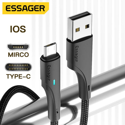 Essager 3A အမျိုးအစား C/Micro/iP Usb 0.25m/1m/2m/3m မိုဘိုင်းဖုန်းအတွက် အမြန်အားသွင်းကြိုး ဒေတာကြိုး အမျိုးအစား C အားသွင်းကြိုး ပါဝါကြိုး