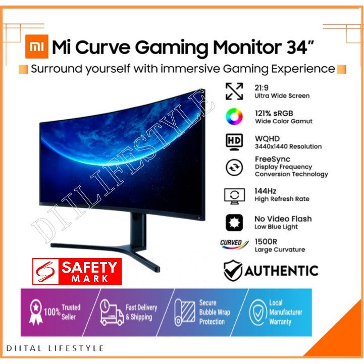 "Ready Stocks!~"Xiaomi Curved Gaming monitor 34'' 1500R Curvature 121%RGB 144Hz Refresh Rate UltraWide Screen 21:9 Premium PS4 E-sports Desktop