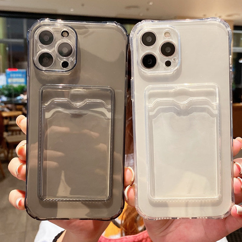 เคส iPhone นุ่มกันกระแทกโปร่งใสพร้อมช่องใส่การ์ดการ์ดสำหรับ iPhone 14 13 12 11 PRO MAX MINI XS X XR 8 7 Plus + SE 2020 ซิลิโคนใสเคสใส่โทรศัพท์ป้องกันการล่มสลายถุงลมนิรภัยฝาครอบ