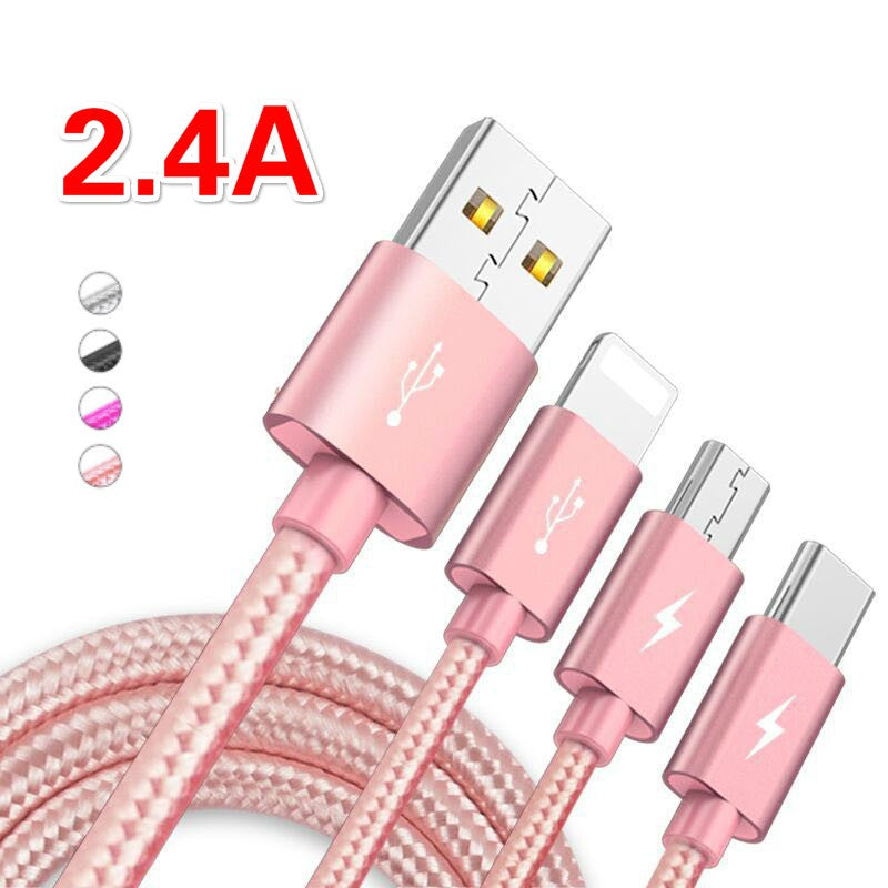 Ready Stock2.4A Certified Mobile iPhone Micro USB Type-C Fast Charging Cable Durable Android Huawei iPhone USB Cable