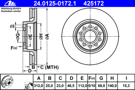 Rotor Disc၊ ATE၊ 8D0615301J၊ 24.0125-0172.1၊ AUDI (068289)