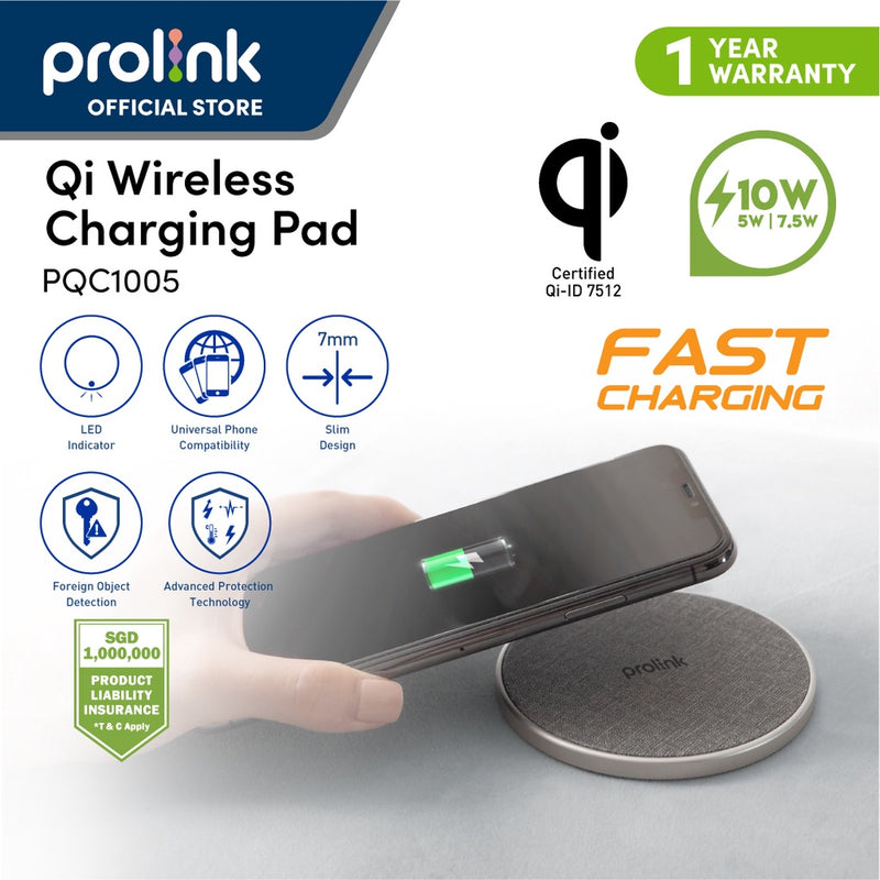 Prolink Premium 10W FAST CHARGE Qi Wireless Charging Pad (Stone Grey)