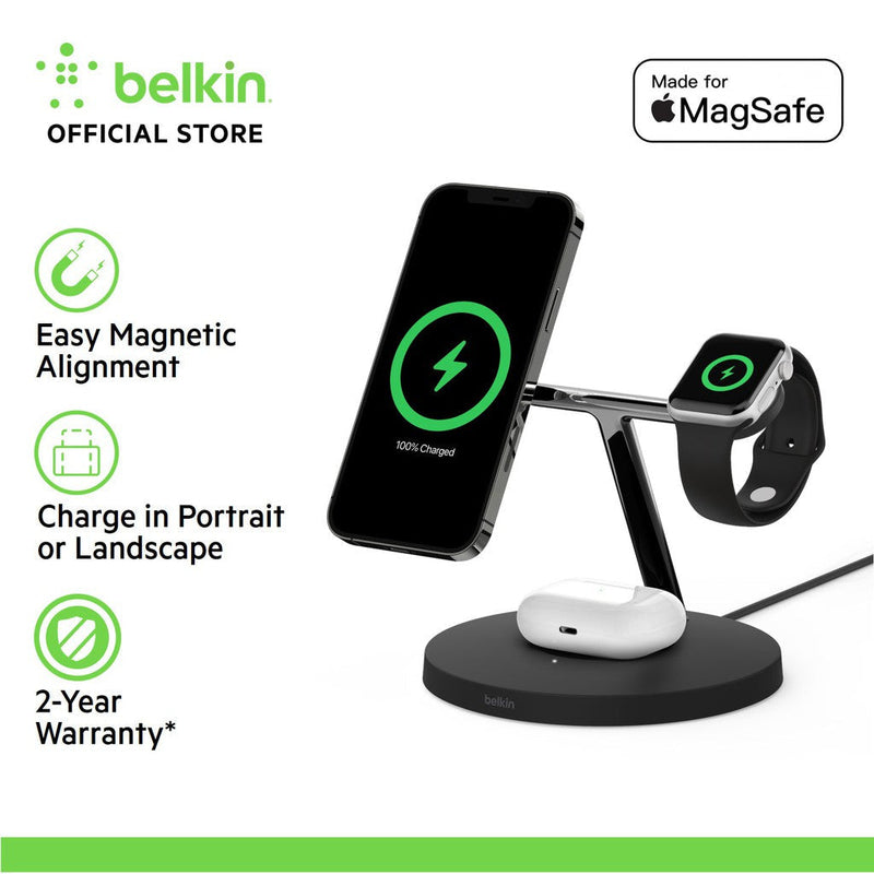 เครื่องชาร์จไร้สาย Belkin WIZ009my BoostCharge Pro 3-in-1 พร้อม MagSafe 15W และอะแดปเตอร์แปลงไฟ