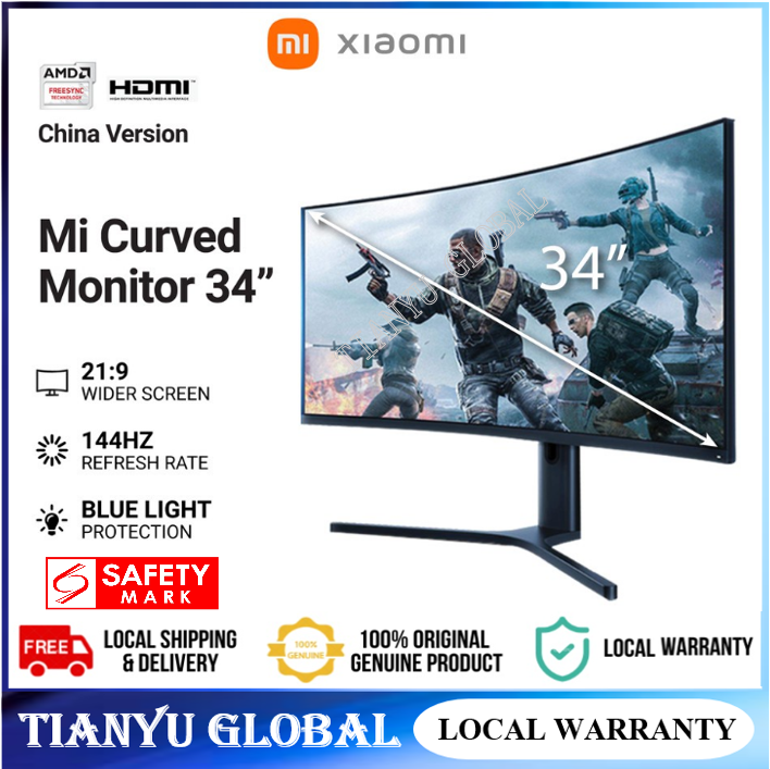 【SG READY STOCK】 "Hot Selling"Xiaomi Curved Gaming monitor 34'' 1500R Curvature 121%RGB 144Hz Refresh Rate UltraWide Screen 21:9 Premium PS4 E-sports Desktop