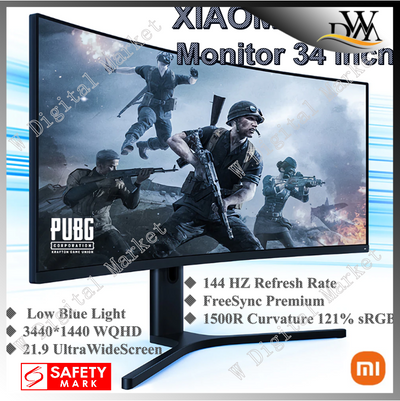 "Local Seller " Xiaomi Mi Curved Display Gaming Monitor 34-Inch 21:9 144Hz High Refresh Rate 1500R Curvature WQHD 3440x1440 Resolution 121% sRGB Wide Colour Gamut Free-Sync Technology Display