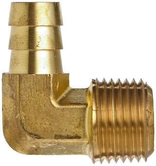 B-129-04-06 | Brass 1/4" Hose Barb x 3/8" Male NPTF 90Â° Elbow (092543)