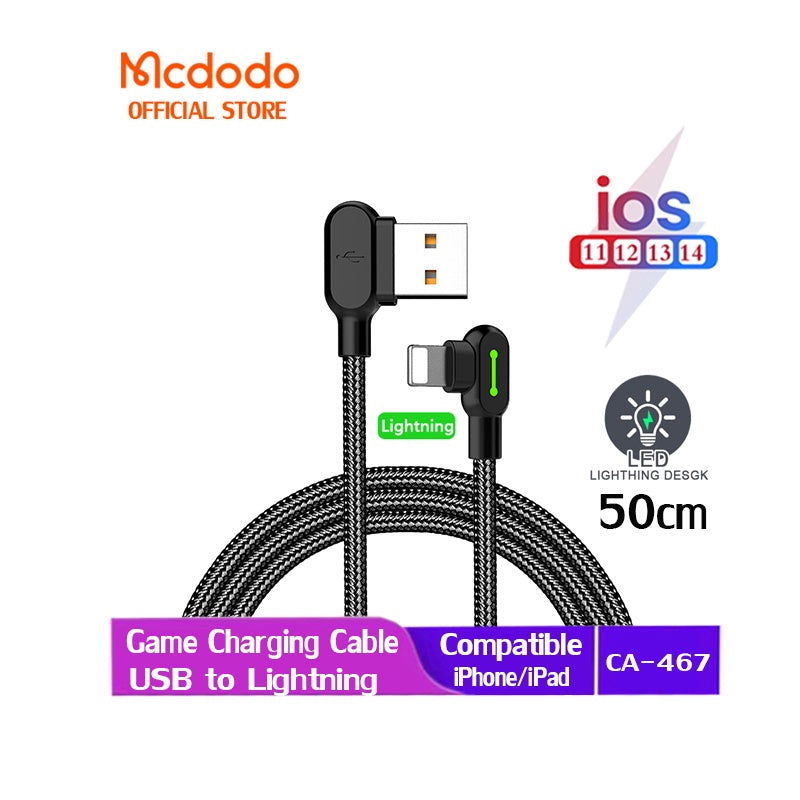 MCDODO 90° Elbow Game สายชาร์จสายเคเบิลข้อมูล 3A Fast CHARGING เข้ากันได้กับ IP/Micro USB/Type-C โทรศัพท์มือถือ Android