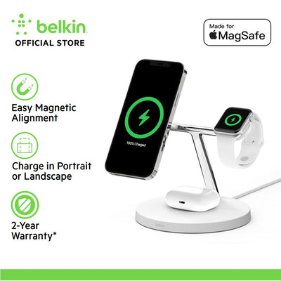 MagSafe 15W နှင့် Power Adapter ပါရှိသော Belkin WIZ009my BoostCharge Pro 3-in-1 ကြိုးမဲ့အားသွင်းကိရိယာ