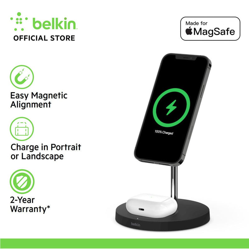 Belkin WIZ010my BoostCharge PRO 2-in-1 Wireless Charger Stand with MagSafe 15W and Power Adapter