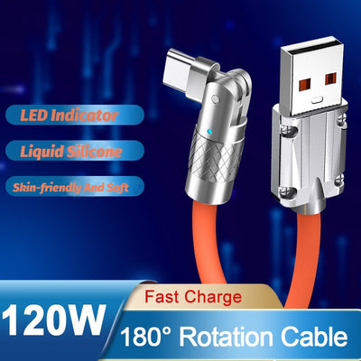 120W 6A 180° Rotating Super Fast Charge Cable Mobile Game Type C Charger Liquid Silicone Cable For iPhone Xiaomi 1.2m 1.8m